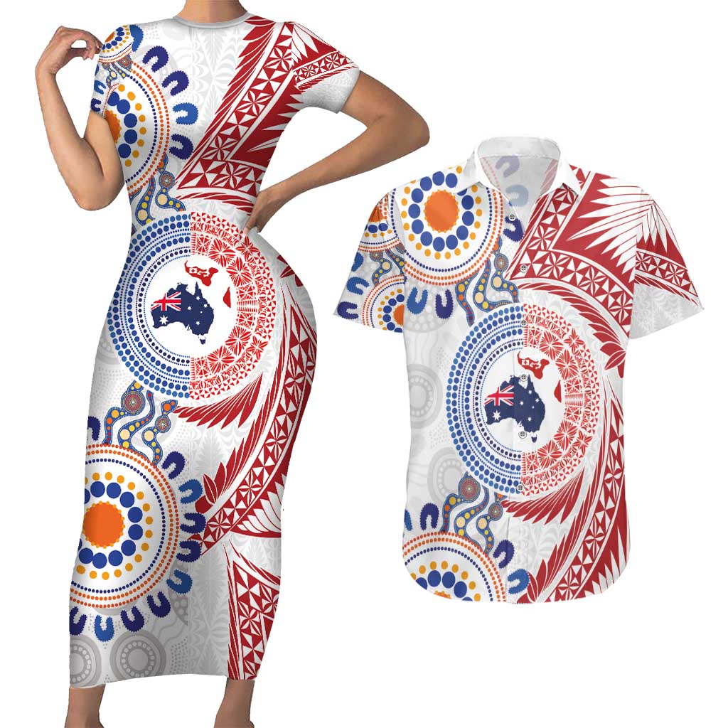 Tongan and Australian Culture Together Couples Matching Short Sleeve Bodycon Dress and Hawaiian Shirt Ngatu Art Tribal Aboriginal Tattoo Pattern LT03 White - Polynesian Pride