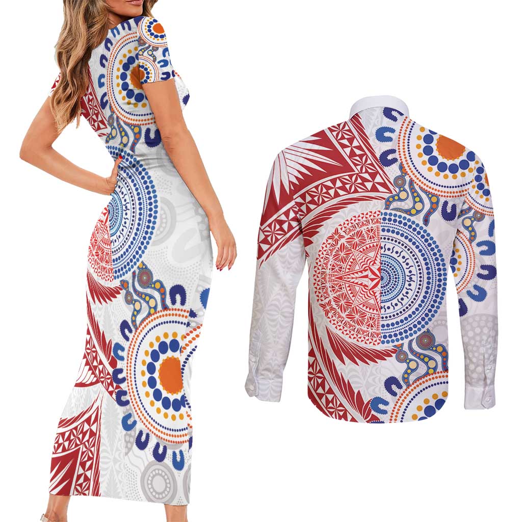 Tongan and Australian Culture Together Couples Matching Short Sleeve Bodycon Dress and Long Sleeve Button Shirt Ngatu Art Tribal Aboriginal Tattoo Pattern LT03 - Polynesian Pride
