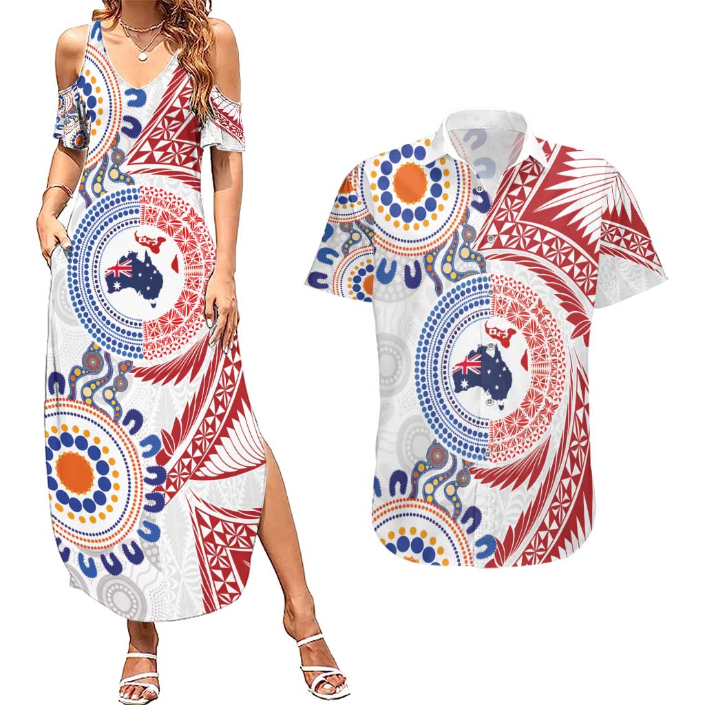 Tongan and Australian Culture Together Couples Matching Summer Maxi Dress and Hawaiian Shirt Ngatu Art Tribal Aboriginal Tattoo Pattern LT03 White - Polynesian Pride