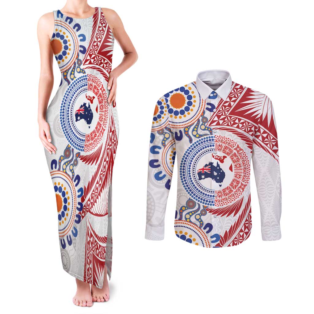 Tongan and Australian Culture Together Couples Matching Tank Maxi Dress and Long Sleeve Button Shirt Ngatu Art Tribal Aboriginal Tattoo Pattern LT03 White - Polynesian Pride