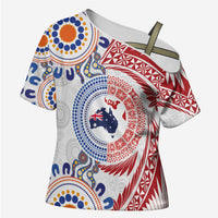 Tongan and Australian Culture Together Cross Shoulder Shirt Ngatu Art Tribal Aboriginal Tattoo Pattern LT03 Female White - Polynesian Pride