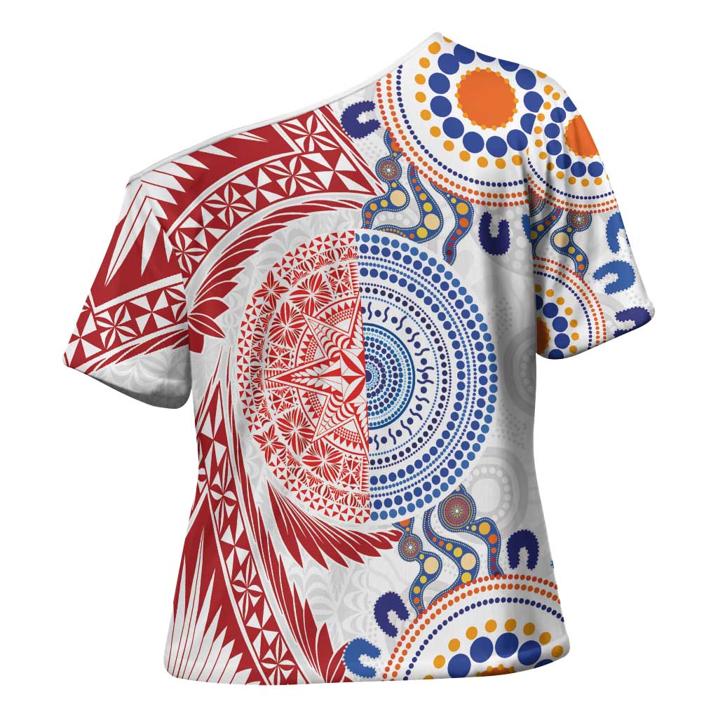 Tongan and Australian Culture Together Cross Shoulder Shirt Ngatu Art Tribal Aboriginal Tattoo Pattern LT03 - Polynesian Pride
