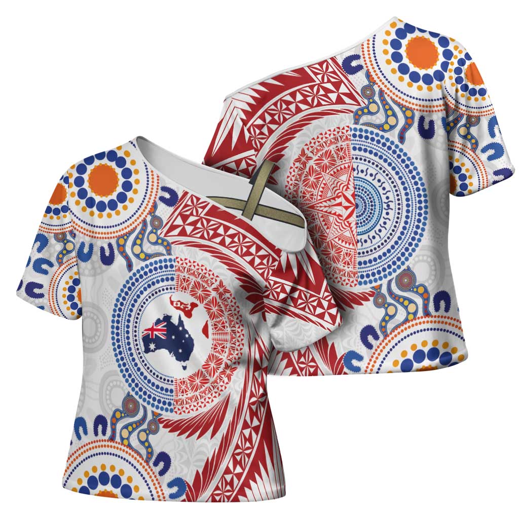 Tongan and Australian Culture Together Cross Shoulder Shirt Ngatu Art Tribal Aboriginal Tattoo Pattern LT03 - Polynesian Pride