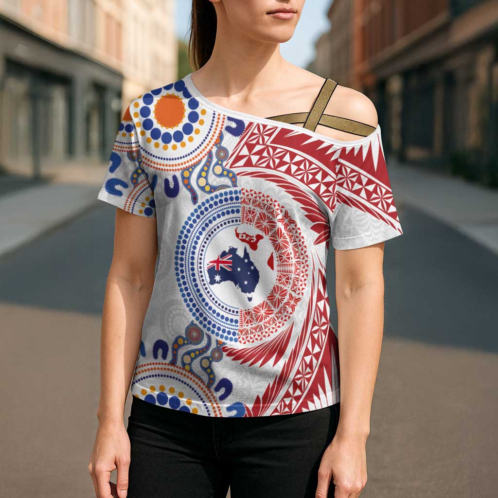 Tongan and Australian Culture Together Cross Shoulder Shirt Ngatu Art Tribal Aboriginal Tattoo Pattern LT03 - Polynesian Pride