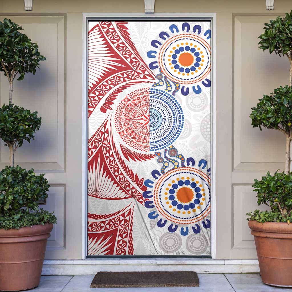 Tongan and Australian Culture Together Door Cover Ngatu Art Tribal Aboriginal Tattoo Pattern LT03 White - Polynesian Pride