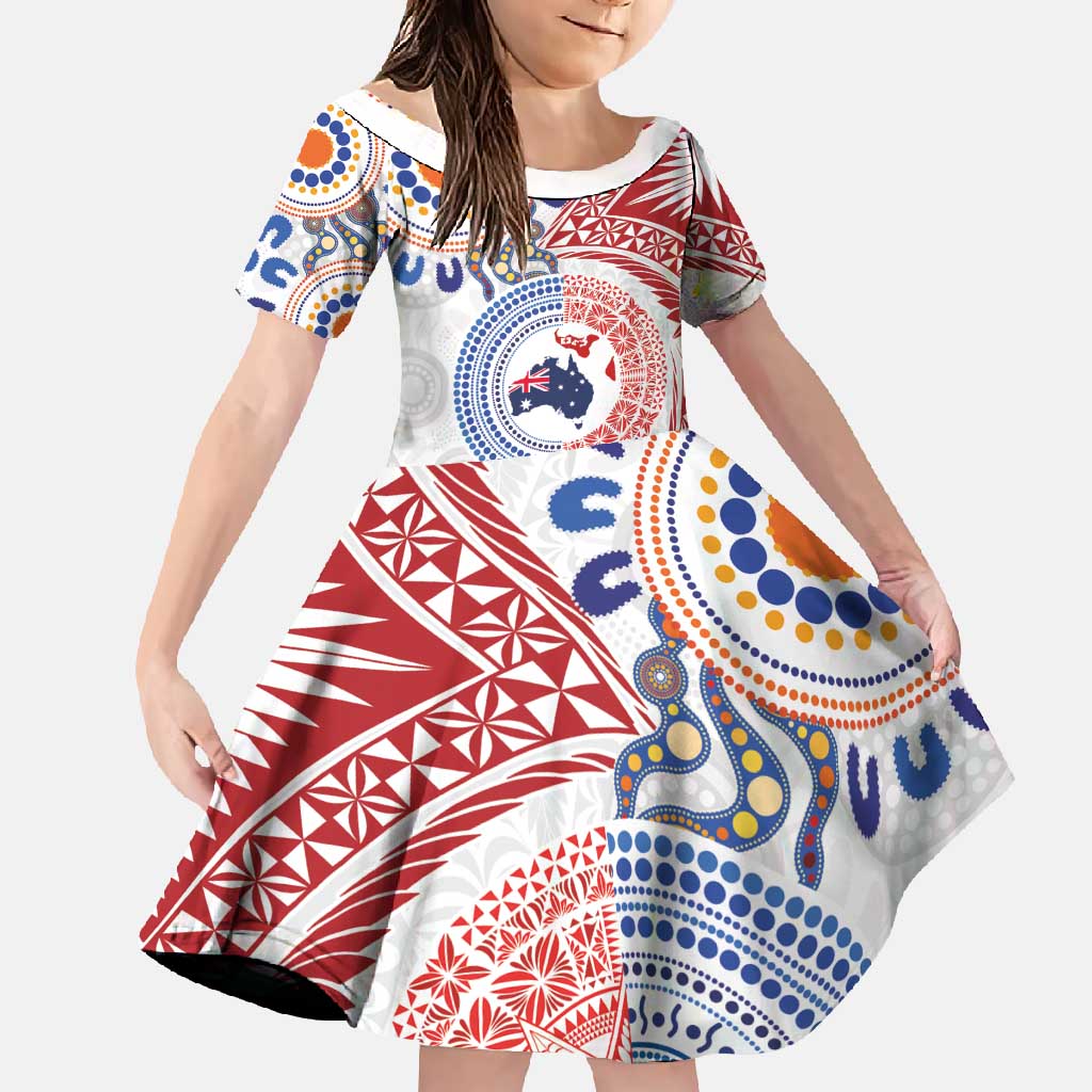 Tongan and Australian Culture Together Family Matching Long Sleeve Bodycon Dress and Hawaiian Shirt Ngatu Art Tribal Aboriginal Tattoo Pattern LT03 Daughter's Dress White - Polynesian Pride