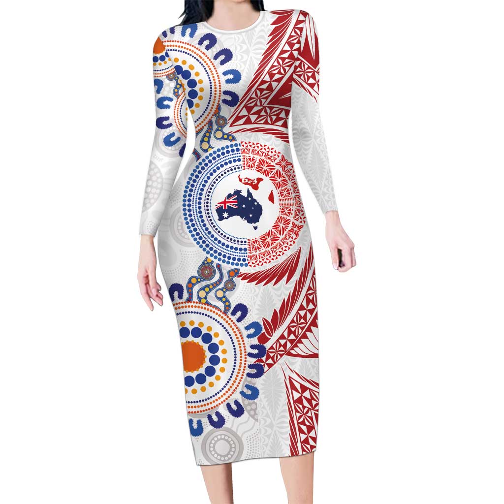Tongan and Australian Culture Together Family Matching Long Sleeve Bodycon Dress and Hawaiian Shirt Ngatu Art Tribal Aboriginal Tattoo Pattern LT03 Mom's Dress White - Polynesian Pride