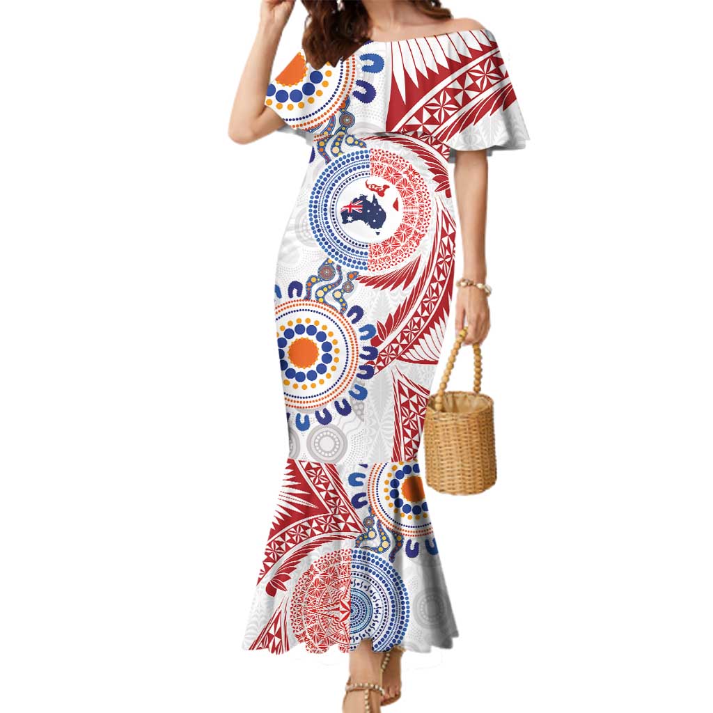Tongan and Australian Culture Together Family Matching Mermaid Dress and Hawaiian Shirt Ngatu Art Tribal Aboriginal Tattoo Pattern LT03 Mom's Dress White - Polynesian Pride