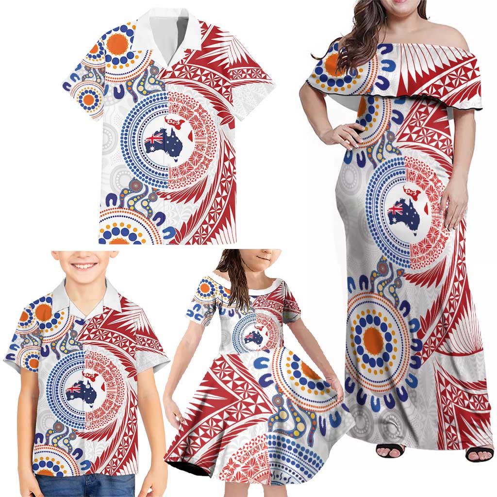 Tongan and Australian Culture Together Family Matching Off Shoulder Maxi Dress and Hawaiian Shirt Ngatu Art Tribal Aboriginal Tattoo Pattern LT03 - Polynesian Pride