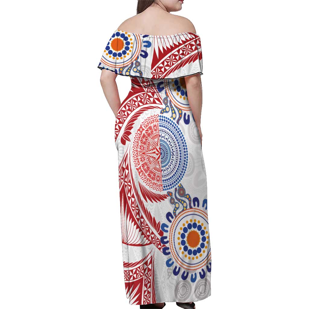 Tongan and Australian Culture Together Family Matching Off Shoulder Maxi Dress and Hawaiian Shirt Ngatu Art Tribal Aboriginal Tattoo Pattern LT03 - Polynesian Pride