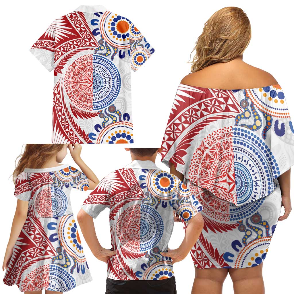Tongan and Australian Culture Together Family Matching Off Shoulder Short Dress and Hawaiian Shirt Ngatu Art Tribal Aboriginal Tattoo Pattern LT03 - Polynesian Pride