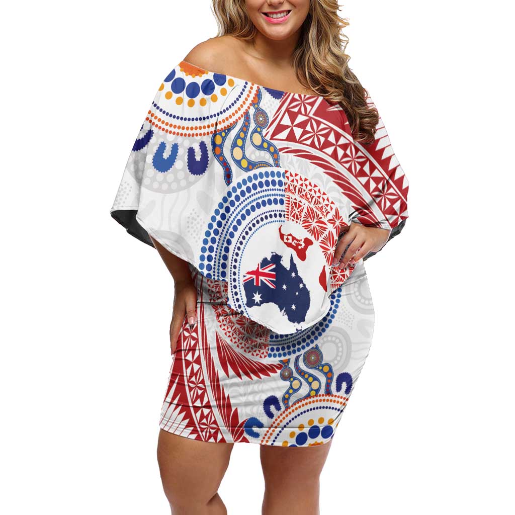 Tongan and Australian Culture Together Family Matching Off Shoulder Short Dress and Hawaiian Shirt Ngatu Art Tribal Aboriginal Tattoo Pattern LT03 Mom's Dress White - Polynesian Pride