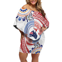 Tongan and Australian Culture Together Family Matching Off Shoulder Short Dress and Hawaiian Shirt Ngatu Art Tribal Aboriginal Tattoo Pattern LT03 Mom's Dress White - Polynesian Pride