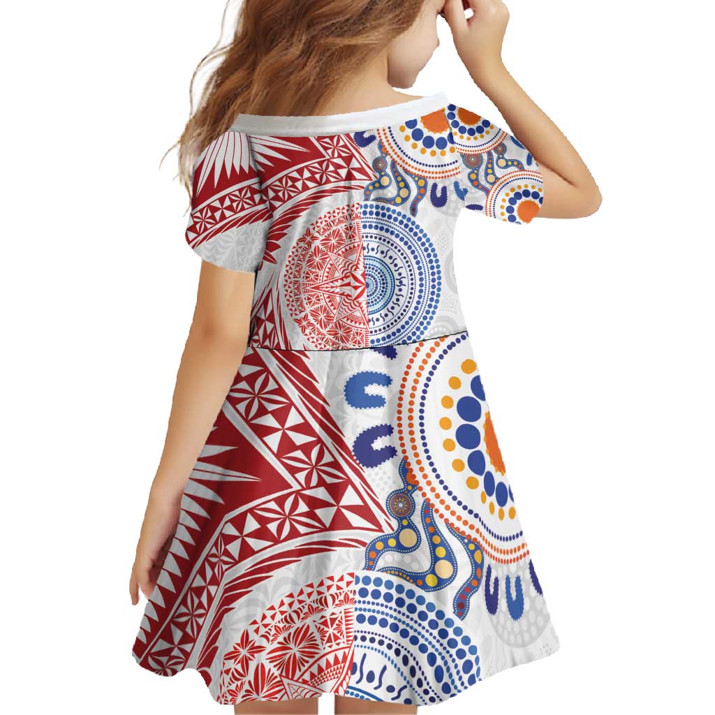 Tongan and Australian Culture Together Family Matching Short Sleeve Bodycon Dress and Hawaiian Shirt Ngatu Art Tribal Aboriginal Tattoo Pattern LT03 - Polynesian Pride