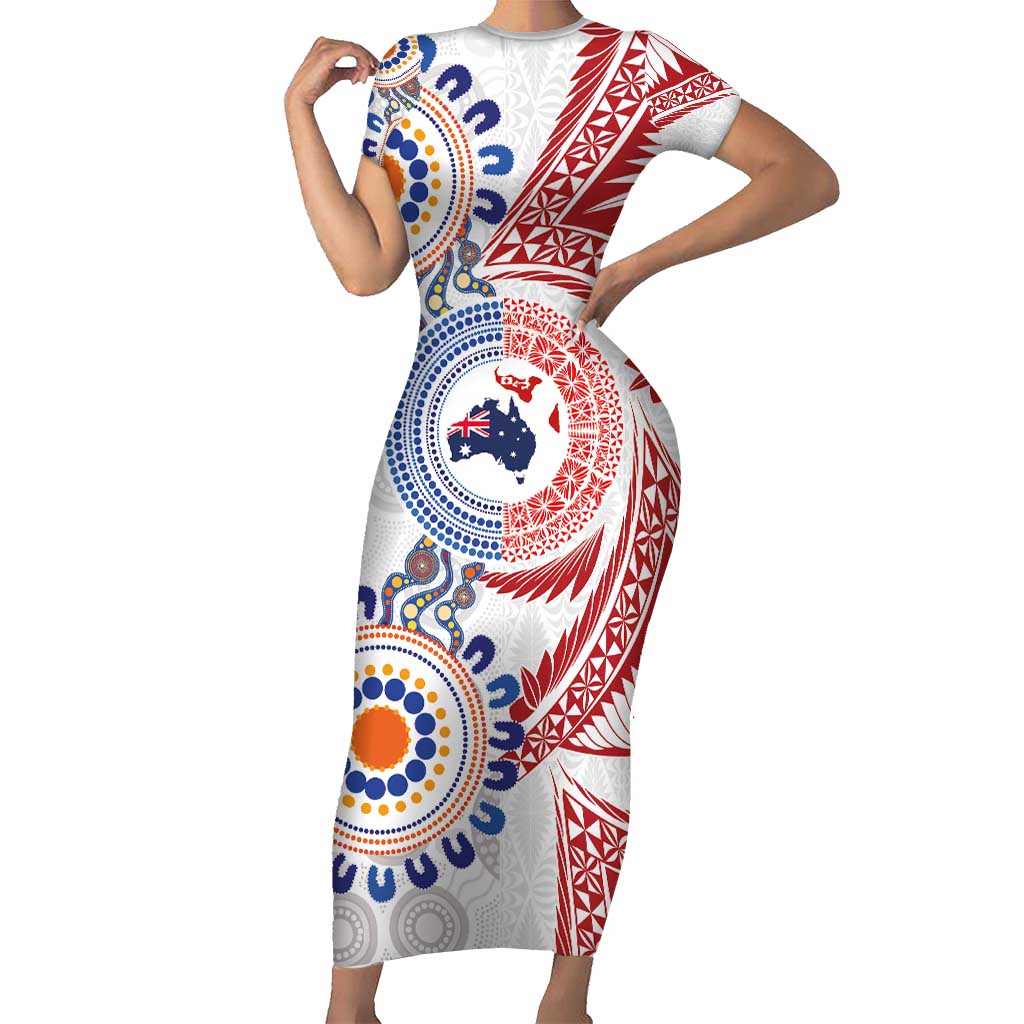Tongan and Australian Culture Together Family Matching Short Sleeve Bodycon Dress and Hawaiian Shirt Ngatu Art Tribal Aboriginal Tattoo Pattern LT03 Mom's Dress White - Polynesian Pride