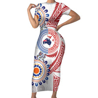 Tongan and Australian Culture Together Family Matching Short Sleeve Bodycon Dress and Hawaiian Shirt Ngatu Art Tribal Aboriginal Tattoo Pattern LT03 Mom's Dress White - Polynesian Pride