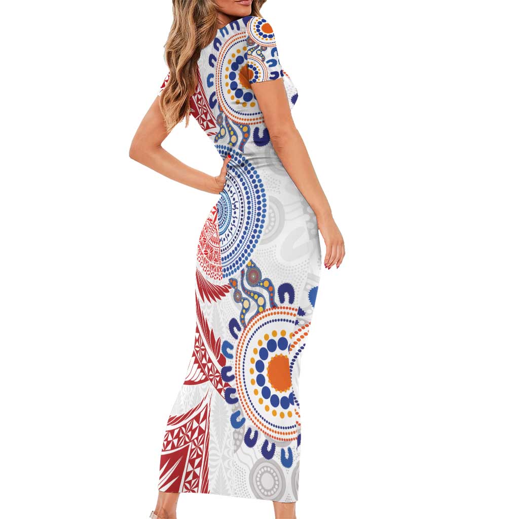 Tongan and Australian Culture Together Family Matching Short Sleeve Bodycon Dress and Hawaiian Shirt Ngatu Art Tribal Aboriginal Tattoo Pattern LT03 - Polynesian Pride