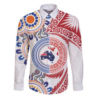 Tongan and Australian Culture Together Family Matching Summer Maxi Dress and Hawaiian Shirt Ngatu Art Tribal Aboriginal Tattoo Pattern LT03 Dad's Shirt - Long Sleeve White - Polynesian Pride