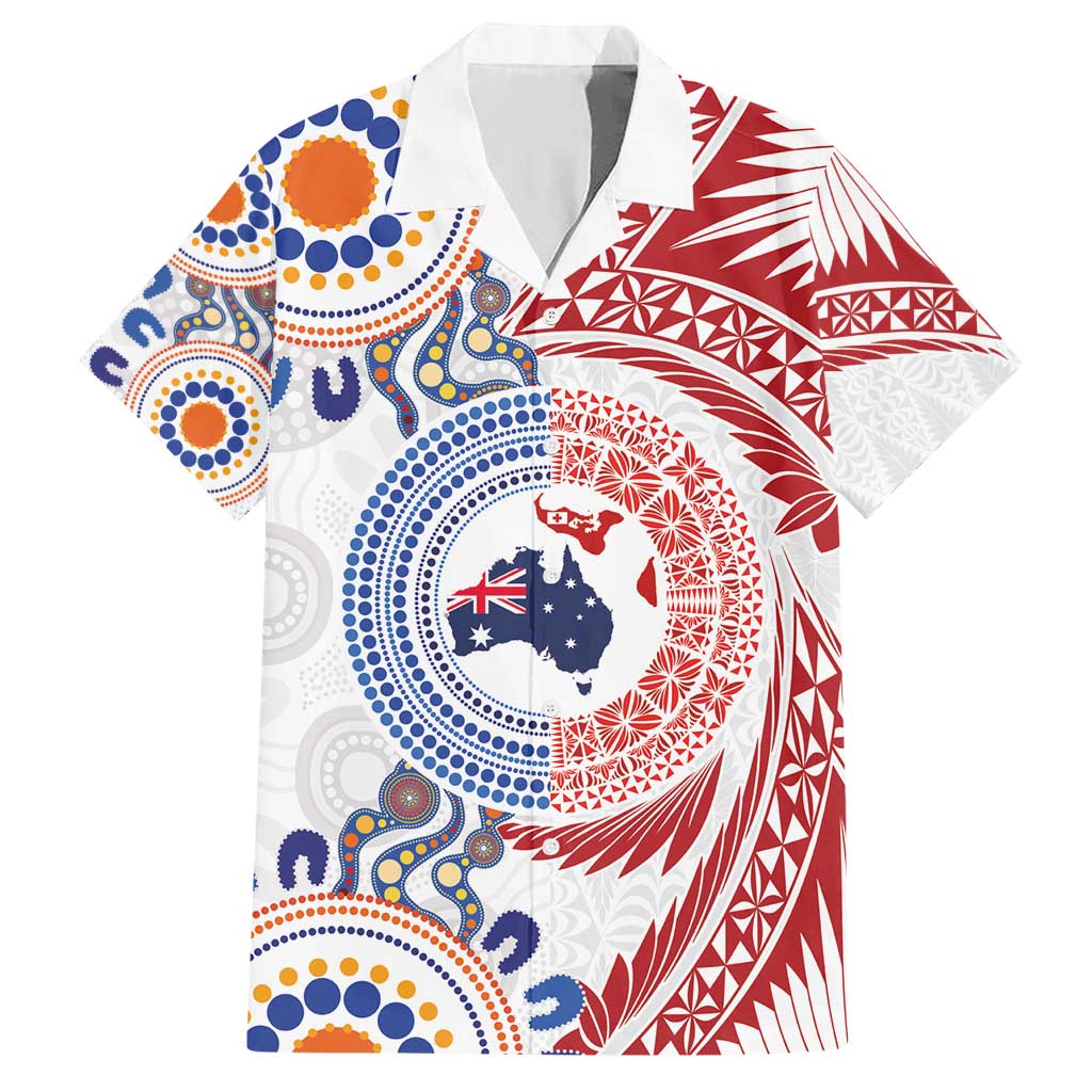 Tongan and Australian Culture Together Hawaiian Shirt Ngatu Art Tribal Aboriginal Tattoo Pattern LT03 White - Polynesian Pride