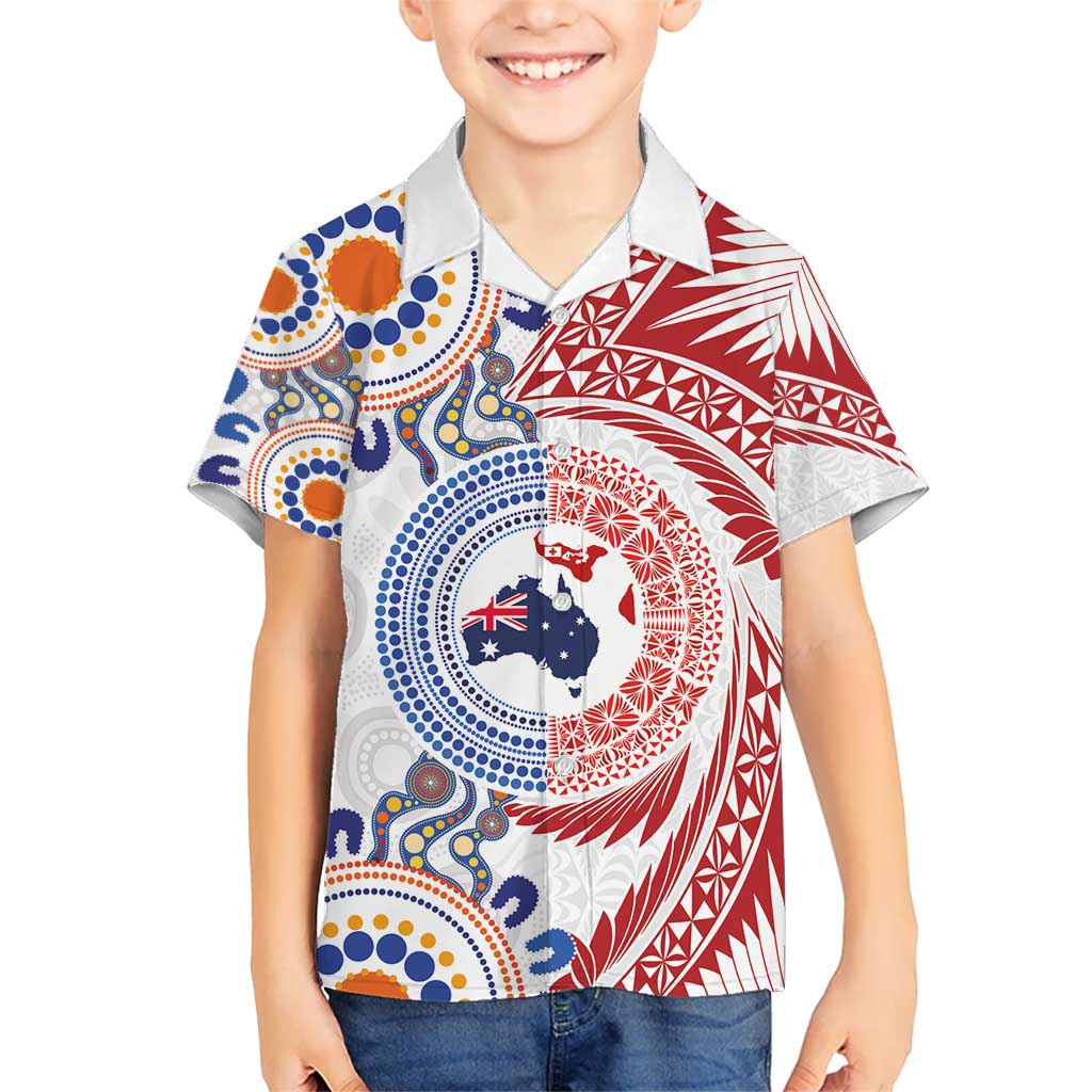 Tongan and Australian Culture Together Kid Hawaiian Shirt Ngatu Art Tribal Aboriginal Tattoo Pattern LT03 Kid White - Polynesian Pride