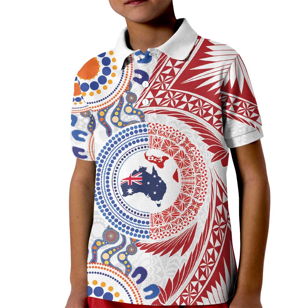 Tongan and Australian Culture Together Kid Polo Shirt Ngatu Art Tribal Aboriginal Tattoo Pattern LT03 Kid White - Polynesian Pride