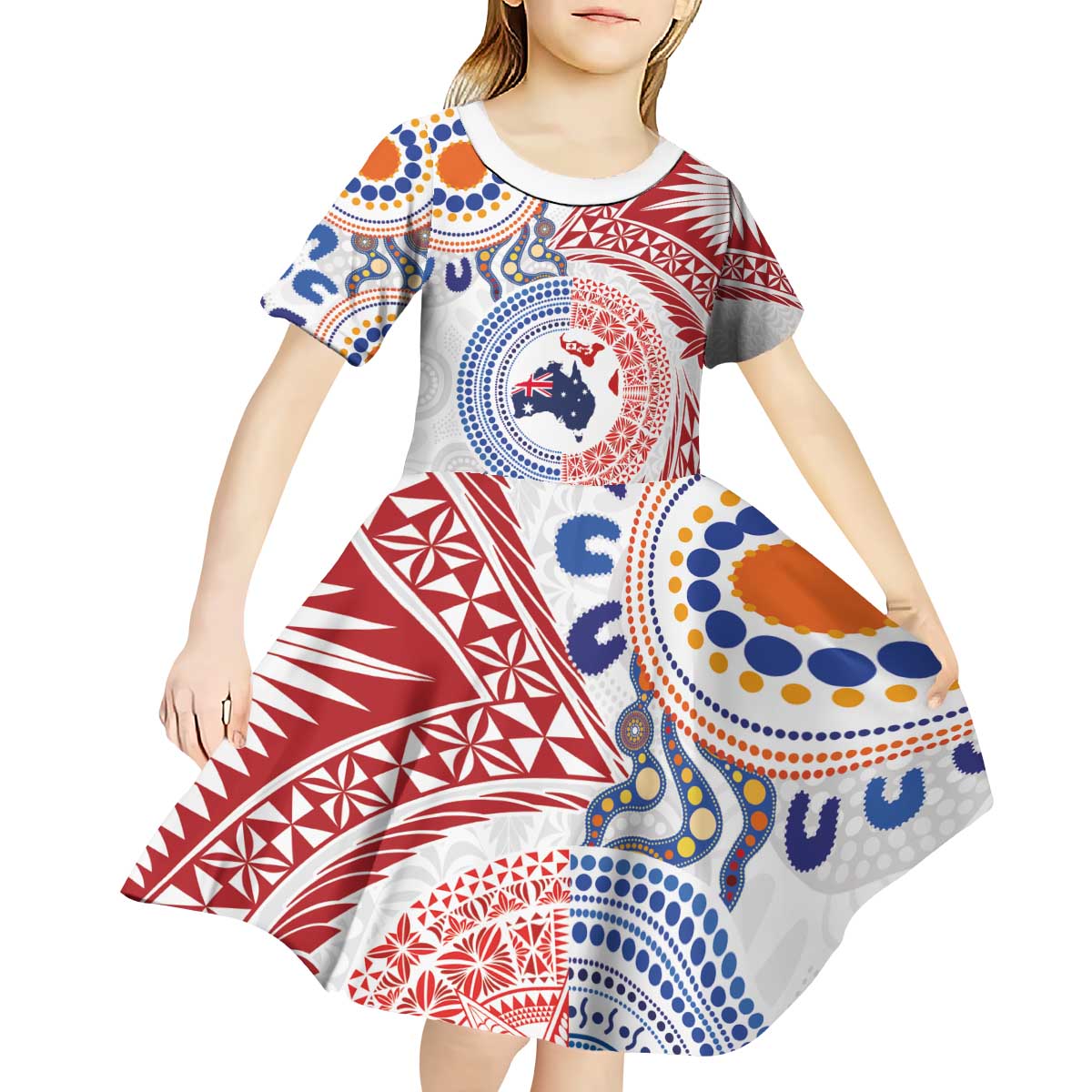 Tongan and Australian Culture Together Kid Short Sleeve Dress Ngatu Art Tribal Aboriginal Tattoo Pattern LT03 - Polynesian Pride