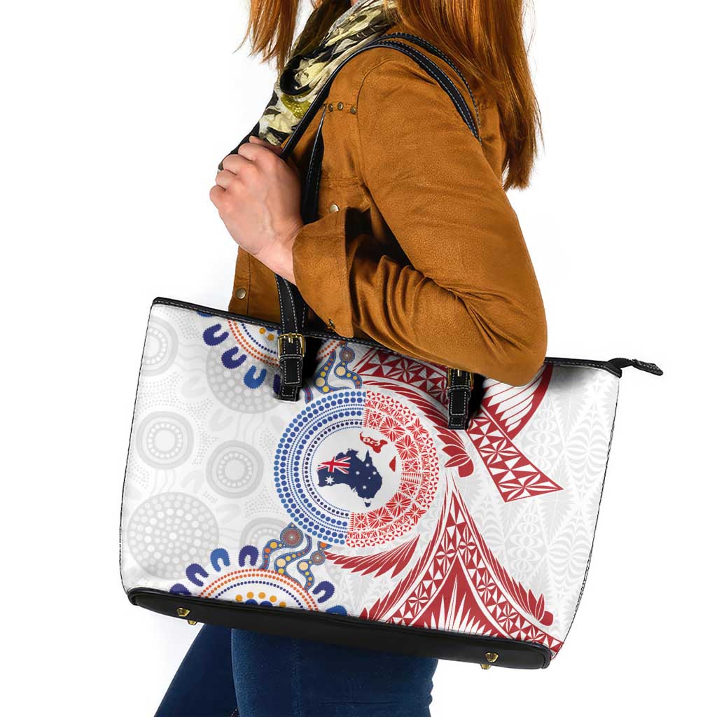 Tongan and Australian Culture Together Leather Tote Bag Ngatu Art Tribal Aboriginal Tattoo Pattern LT03 White - Polynesian Pride