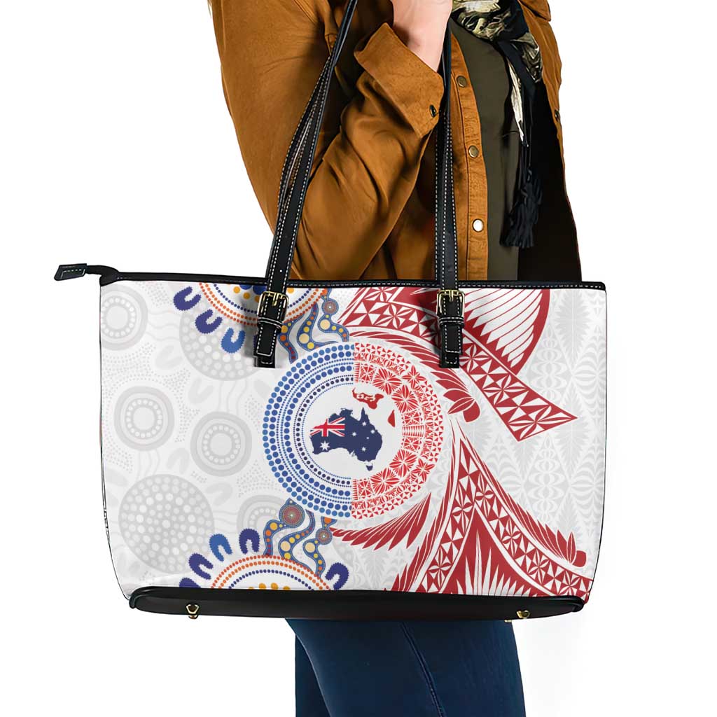 Tongan and Australian Culture Together Leather Tote Bag Ngatu Art Tribal Aboriginal Tattoo Pattern LT03 - Polynesian Pride