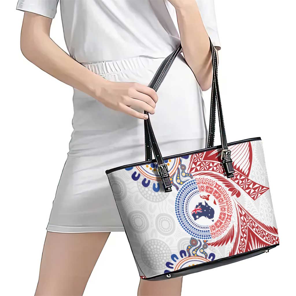 Tongan and Australian Culture Together Leather Tote Bag Ngatu Art Tribal Aboriginal Tattoo Pattern LT03 - Polynesian Pride