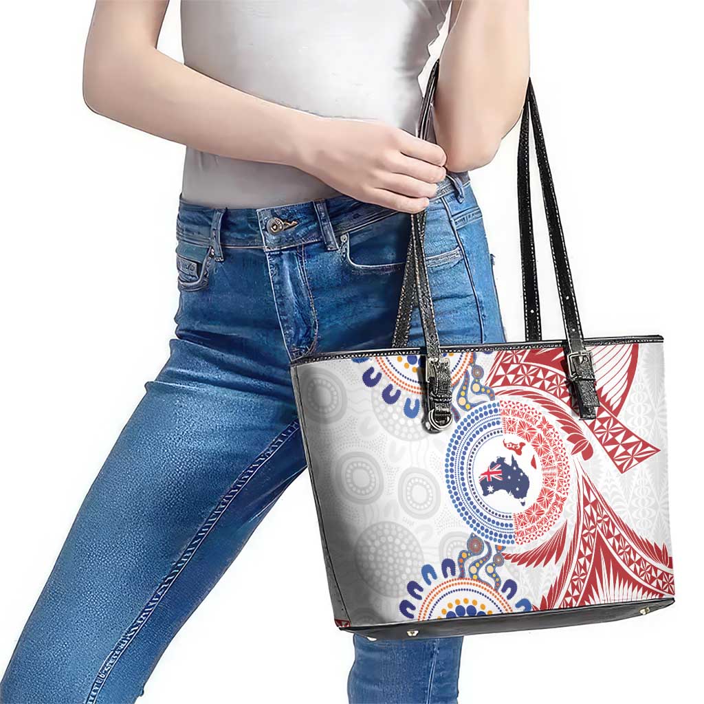 Tongan and Australian Culture Together Leather Tote Bag Ngatu Art Tribal Aboriginal Tattoo Pattern LT03 - Polynesian Pride