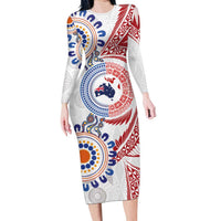 Tongan and Australian Culture Together Long Sleeve Bodycon Dress Ngatu Art Tribal Aboriginal Tattoo Pattern LT03 Long Dress White - Polynesian Pride