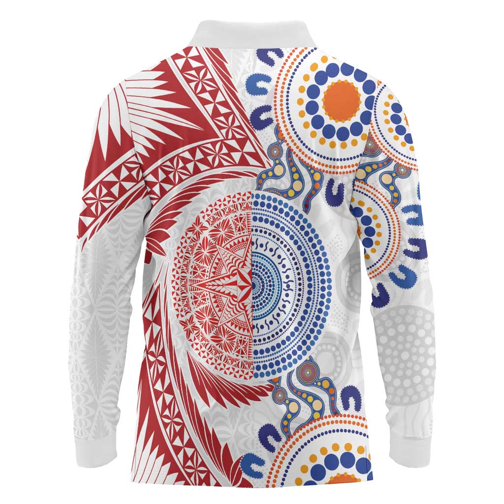 Tongan and Australian Culture Together Long Sleeve Polo Shirt Ngatu Art Tribal Aboriginal Tattoo Pattern LT03 - Polynesian Pride
