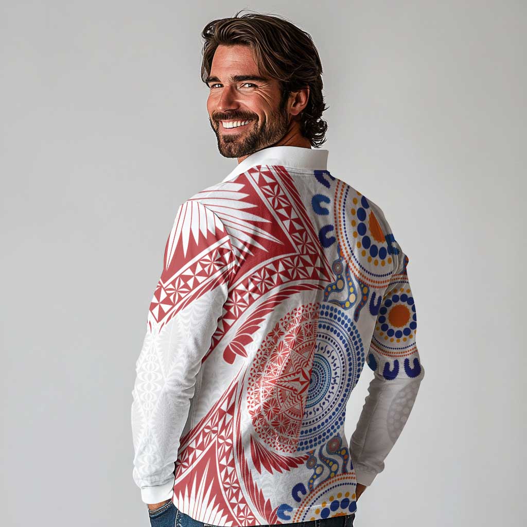 Tongan and Australian Culture Together Long Sleeve Polo Shirt Ngatu Art Tribal Aboriginal Tattoo Pattern LT03 - Polynesian Pride