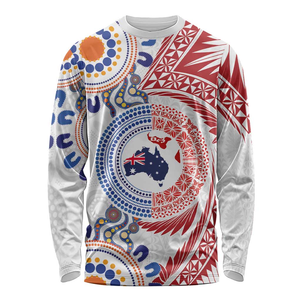 Tongan and Australian Culture Together Long Sleeve Shirt Ngatu Art Tribal Aboriginal Tattoo Pattern LT03 Unisex White - Polynesian Pride