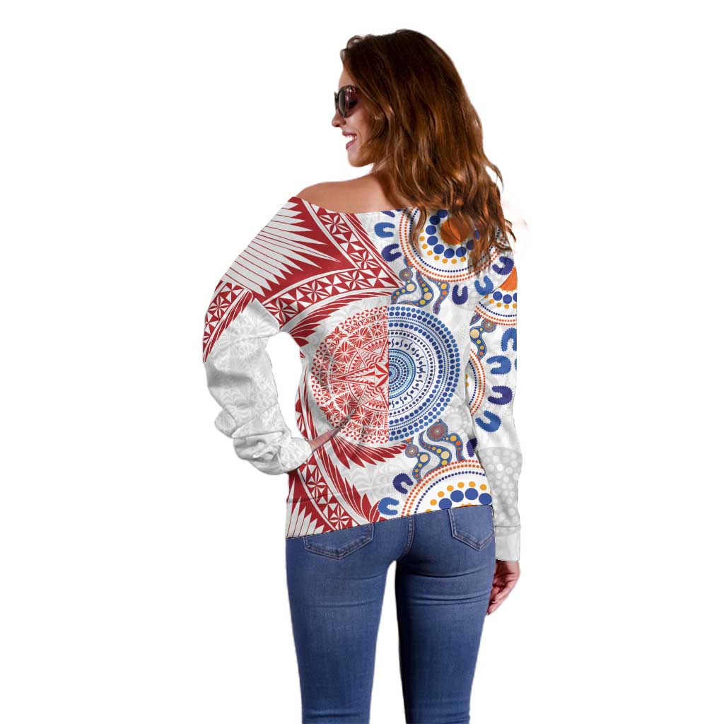 Tongan and Australian Culture Together Off Shoulder Sweater Ngatu Art Tribal Aboriginal Tattoo Pattern - Polynesian Pride