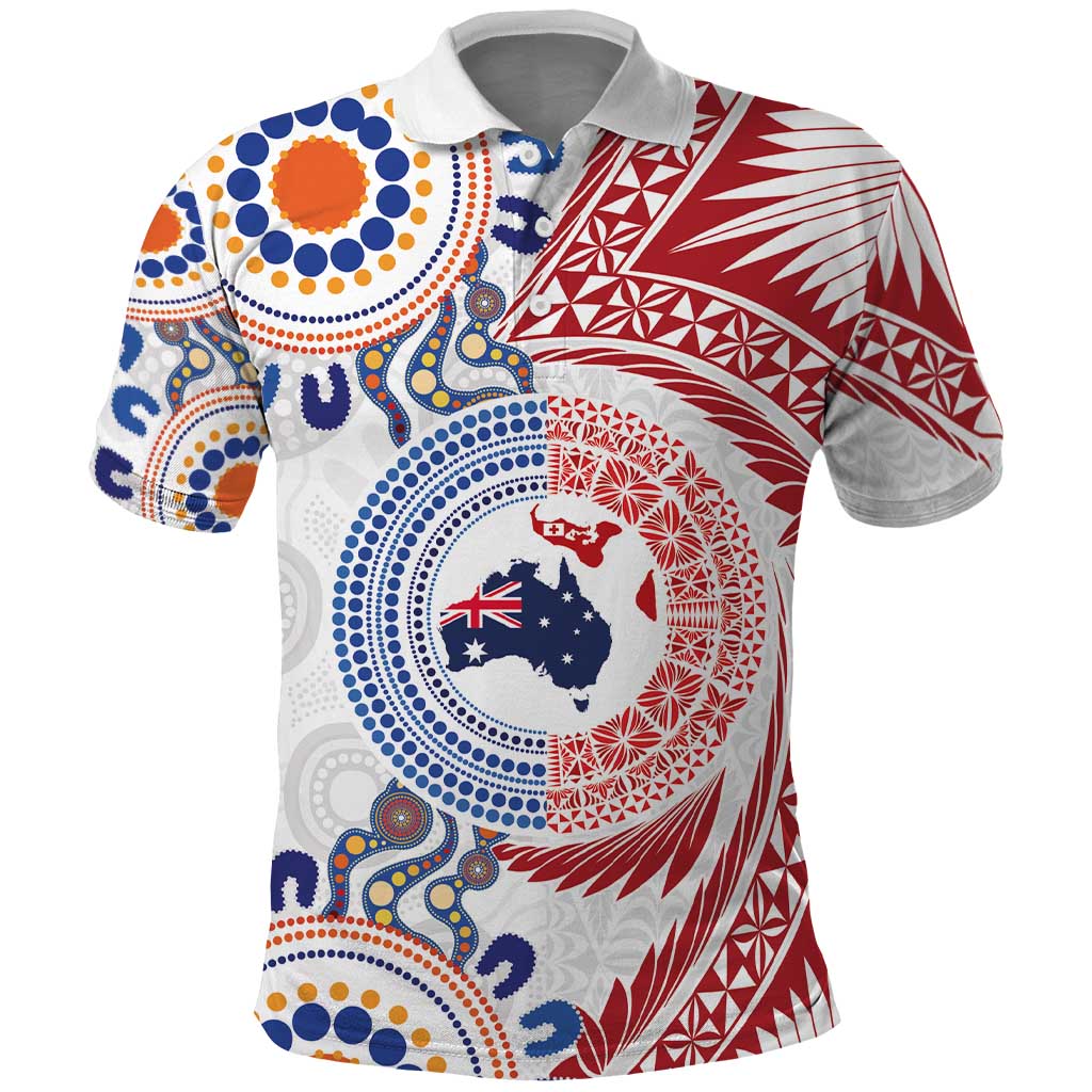 Tongan and Australian Culture Together Polo Shirt Ngatu Art Tribal Aboriginal Tattoo Pattern LT03 White - Polynesian Pride