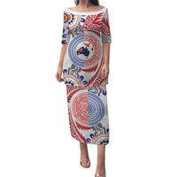 Tongan and Australian Culture Together Puletasi Ngatu Art Tribal Aboriginal Tattoo Pattern LT03 Long Dress White - Polynesian Pride
