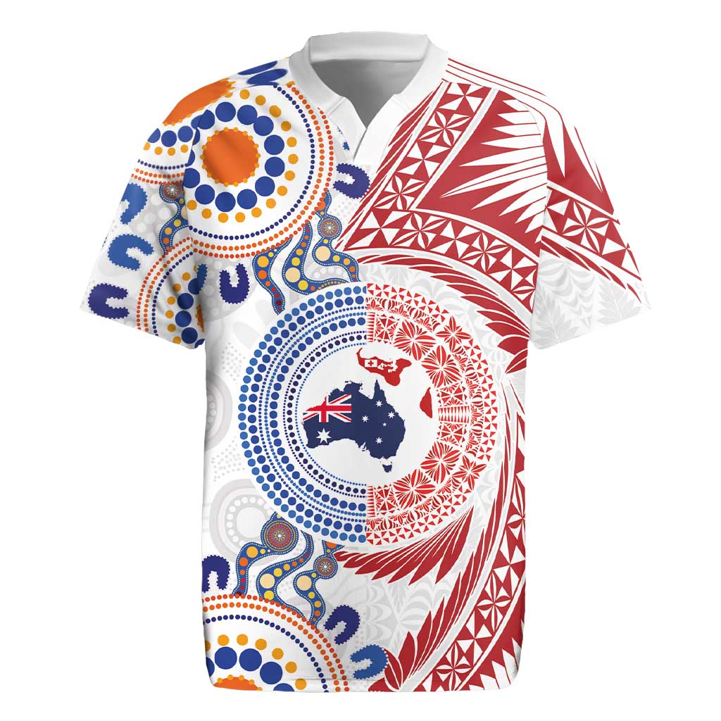 Tongan and Australian Culture Together Rugby Jersey Ngatu Art Tribal Aboriginal Tattoo Pattern LT03 White - Polynesian Pride