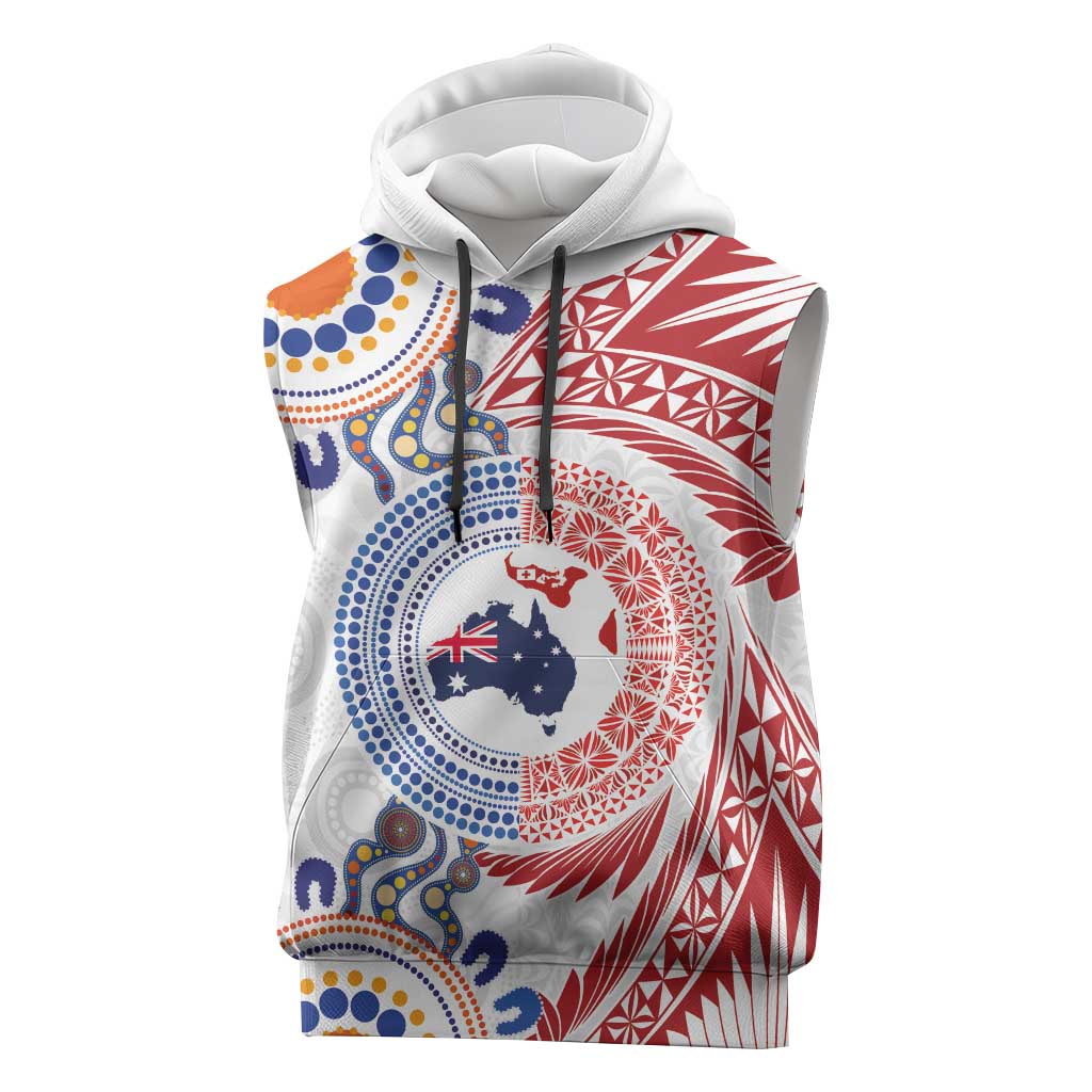 Tongan and Australian Culture Together Sleeveless Hoodie Ngatu Art Tribal Aboriginal Tattoo Pattern LT03 White - Polynesian Pride