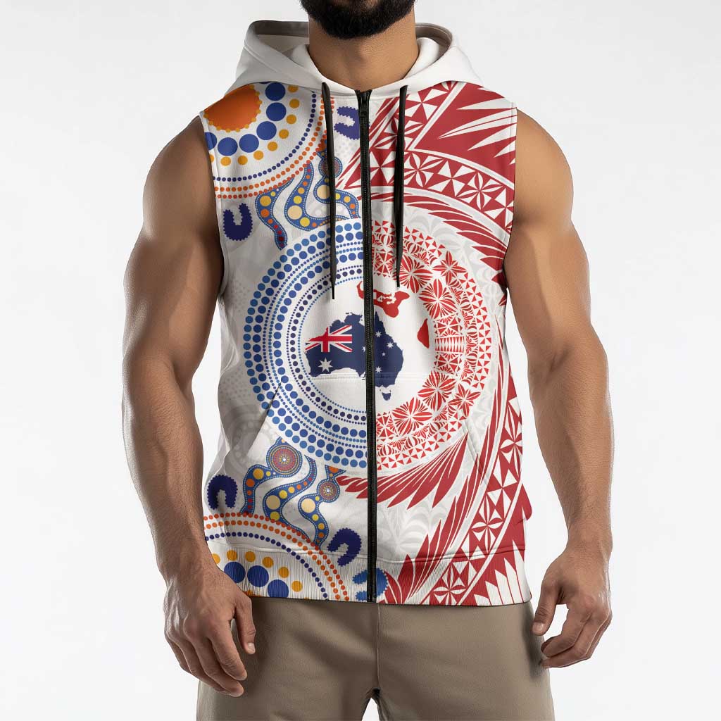 Tongan and Australian Culture Together Sleeveless Zip Hoodie Ngatu Art Tribal Aboriginal Tattoo Pattern LT03 - Polynesian Pride