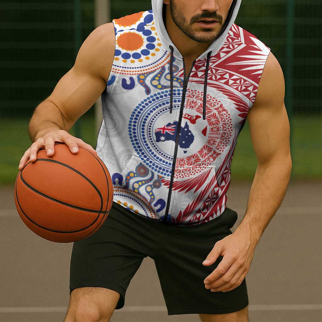 Tongan and Australian Culture Together Sleeveless Zip Hoodie Ngatu Art Tribal Aboriginal Tattoo Pattern LT03 - Polynesian Pride