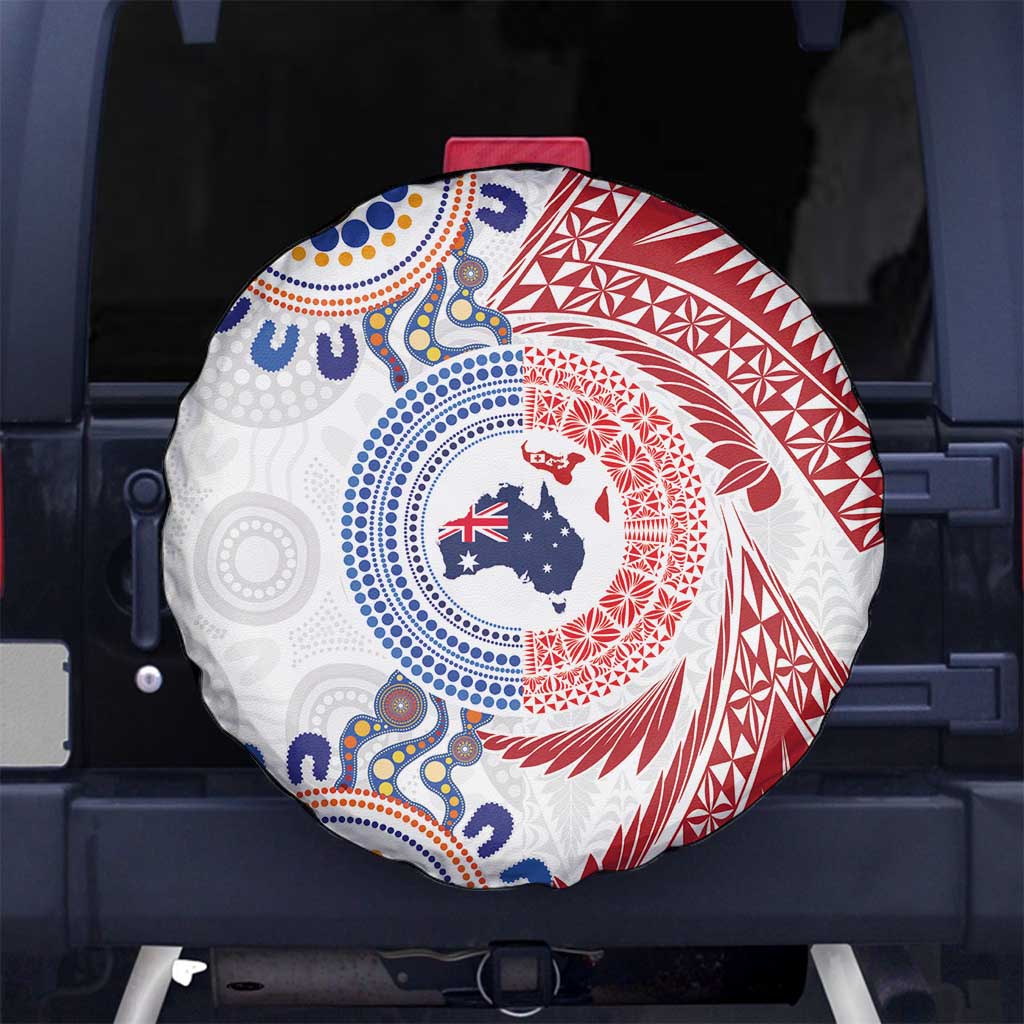 Tongan and Australian Culture Together Spare Tire Cover Ngatu Art Tribal Aboriginal Tattoo Pattern LT03 No hole White - Polynesian Pride