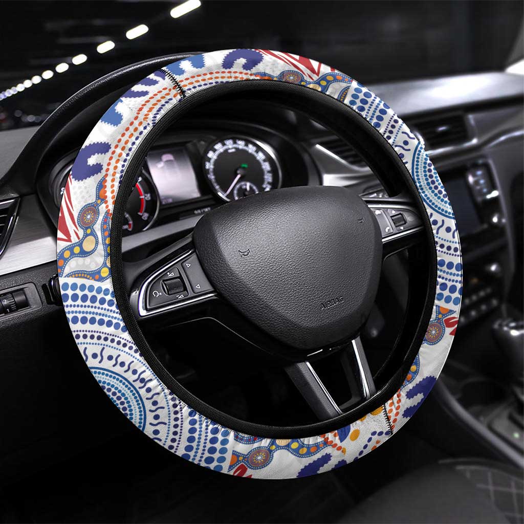 Tongan and Australian Culture Together Steering Wheel Cover Ngatu Art Tribal Aboriginal Tattoo Pattern LT03 Universal Fit White - Polynesian Pride