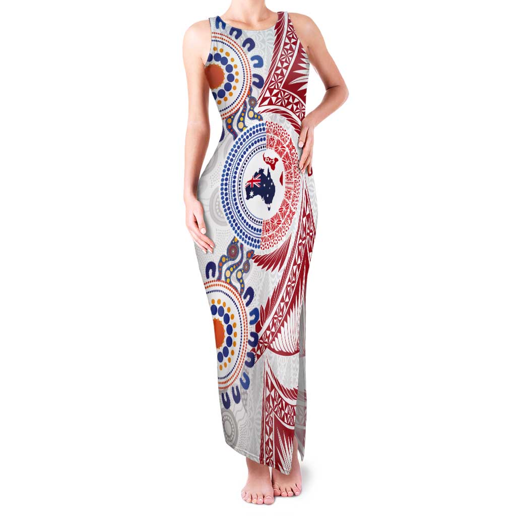 Tongan and Australian Culture Together Tank Maxi Dress Ngatu Art Tribal Aboriginal Tattoo Pattern LT03 Women White - Polynesian Pride