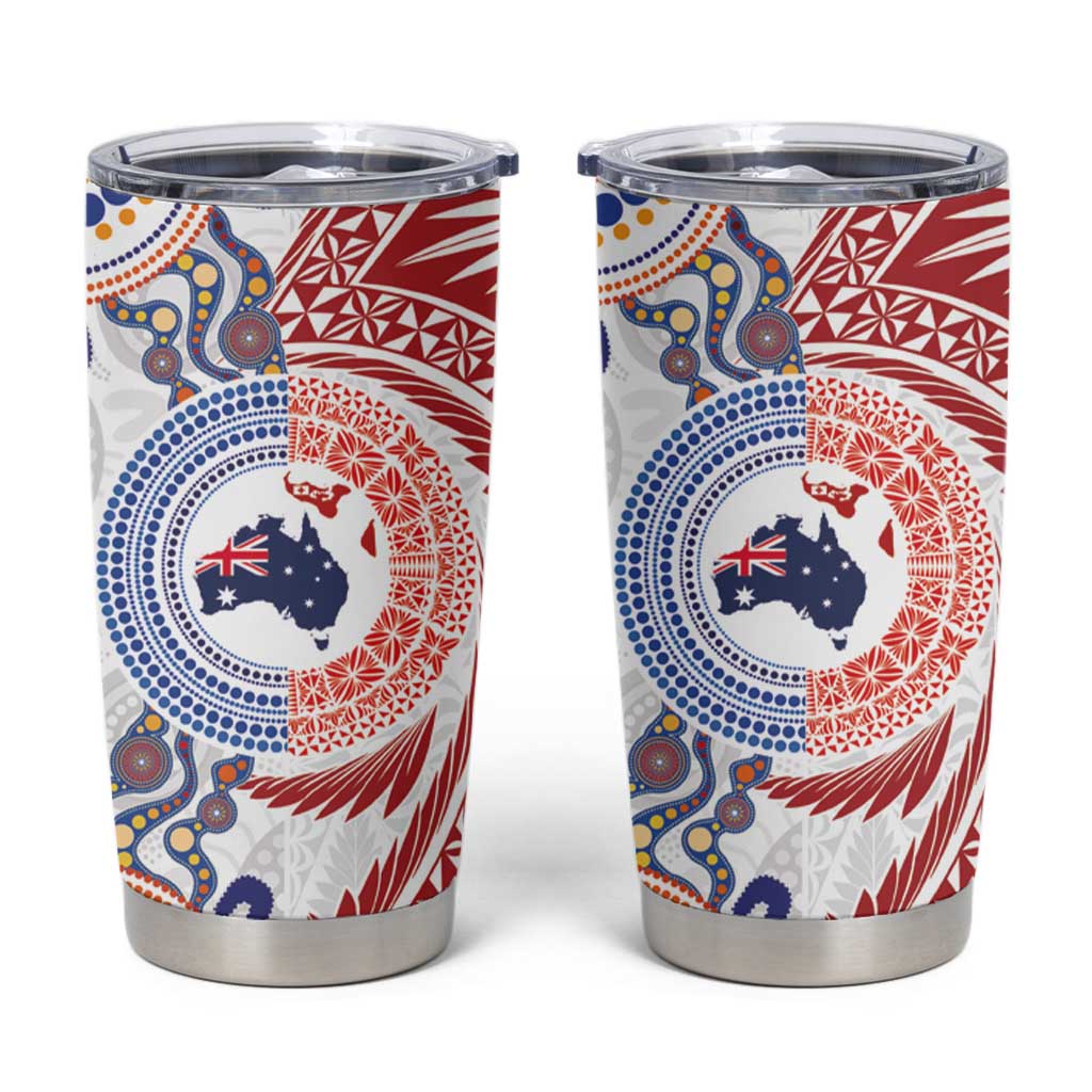 Tongan and Australian Culture Together Tumbler Cup Ngatu Art Tribal Aboriginal Tattoo Pattern LT03 White - Polynesian Pride