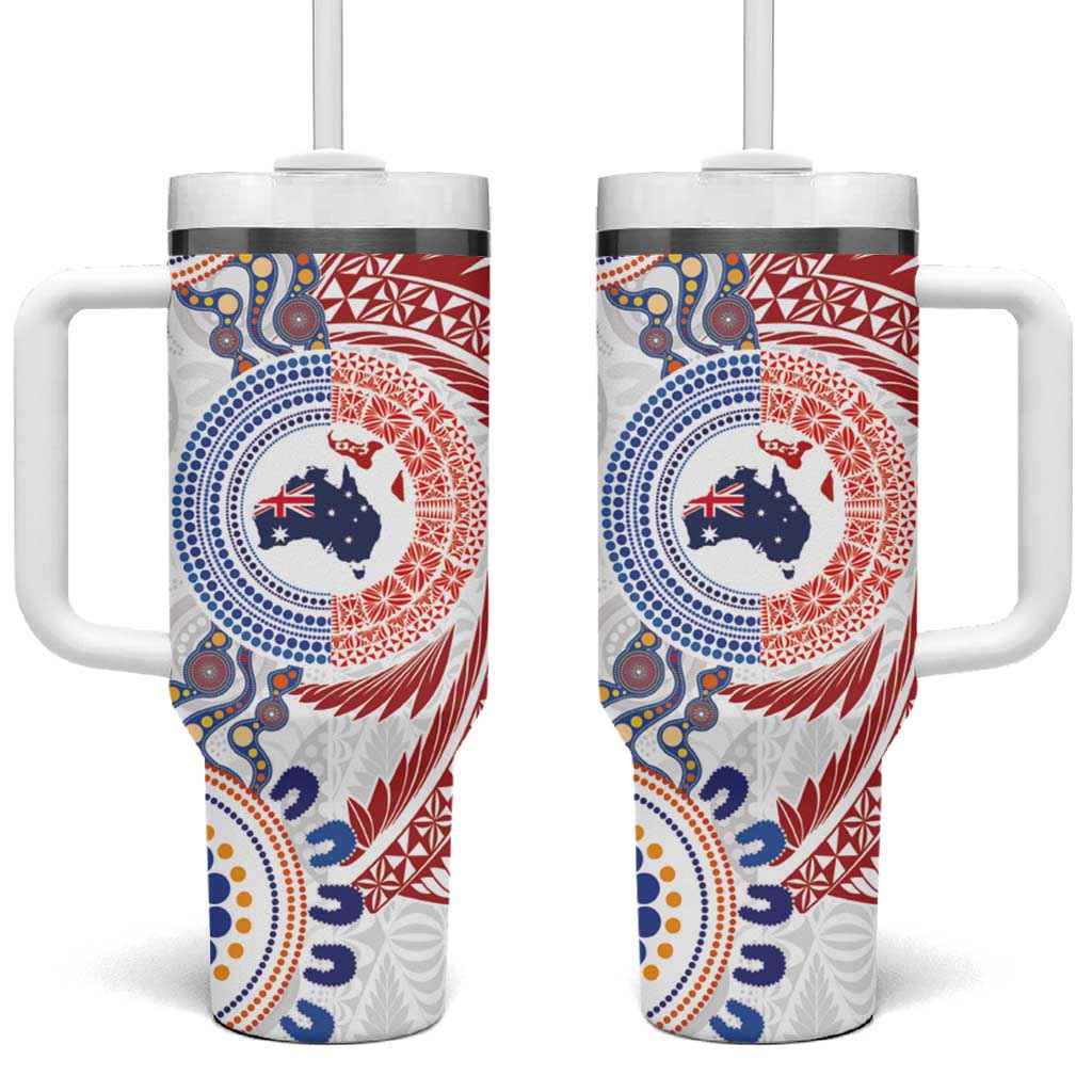 Tongan and Australian Culture Together Tumbler With Handle Ngatu Art Tribal Aboriginal Tattoo Pattern LT03 One Size: 40 oz White - Polynesian Pride
