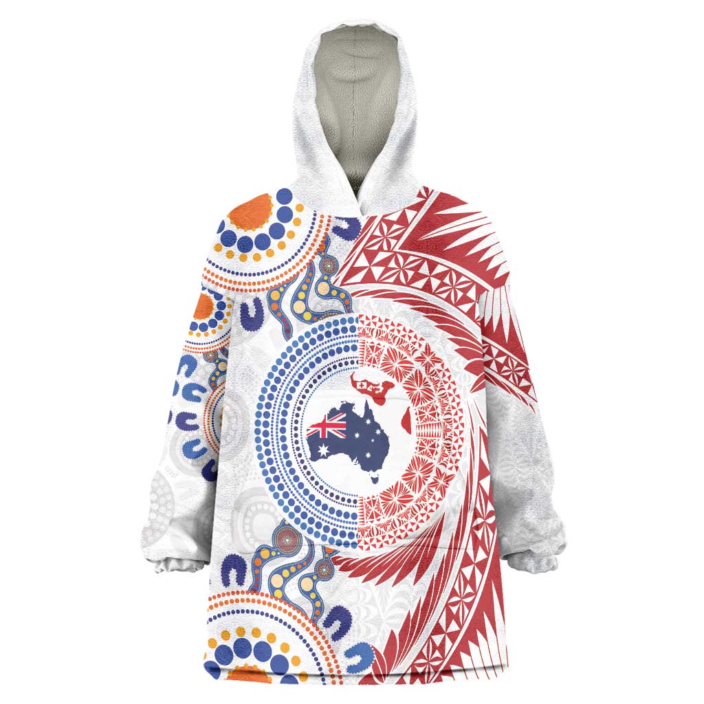 Tongan and Australian Culture Together Wearable Blanket Hoodie Ngatu Art Tribal Aboriginal Tattoo Pattern LT03 One Size White - Polynesian Pride