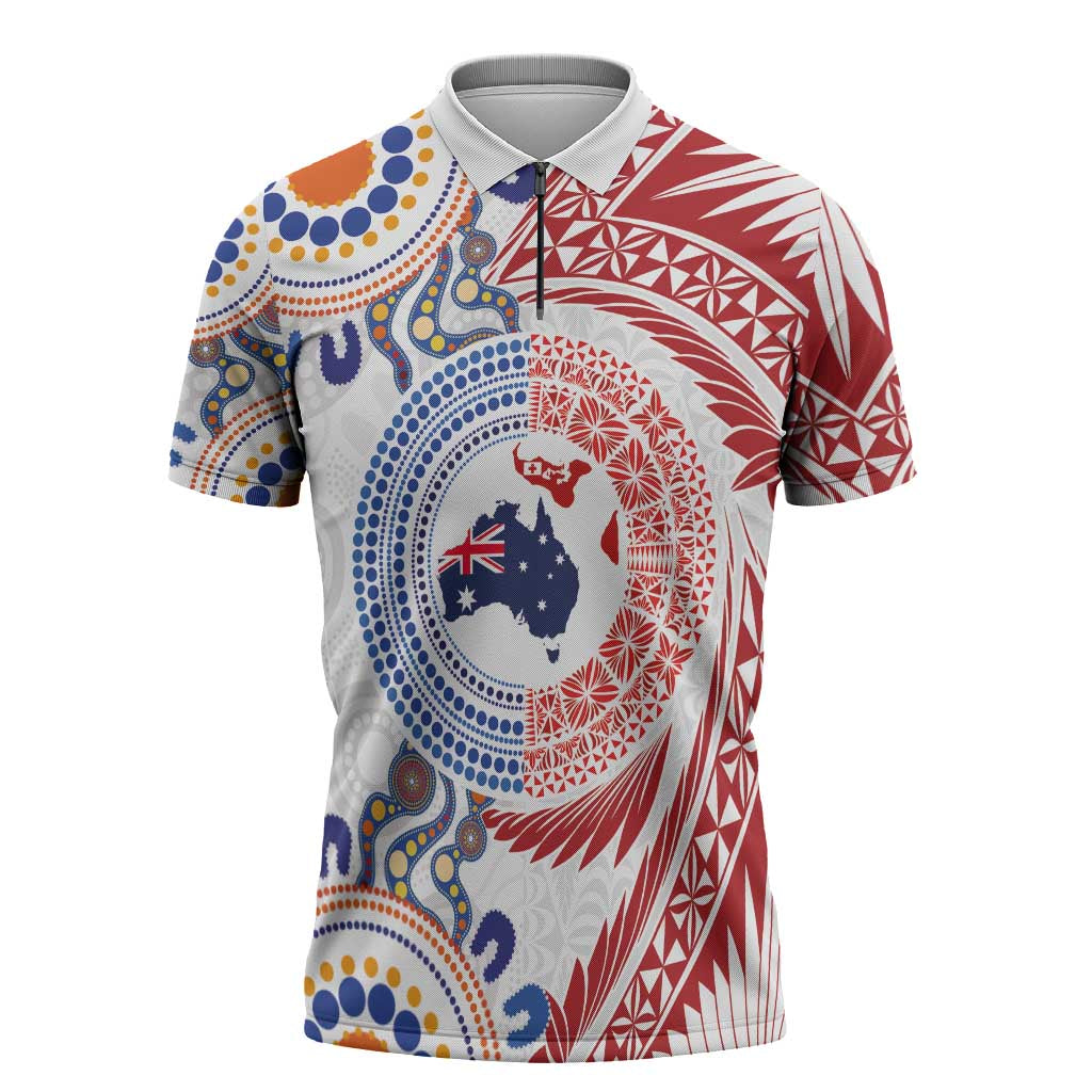 Tongan and Australian Culture Together Zipper Polo Shirt Ngatu Art Tribal Aboriginal Tattoo Pattern LT03 White - Polynesian Pride
