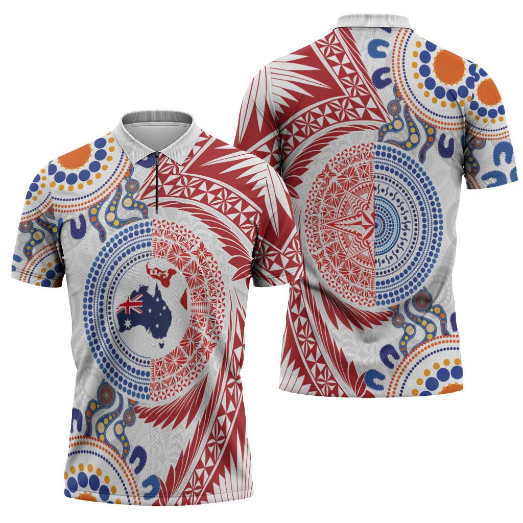 Tongan and Australian Culture Together Zipper Polo Shirt Ngatu Art Tribal Aboriginal Tattoo Pattern LT03 - Polynesian Pride