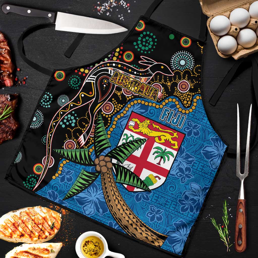 Fijian and Australian Culture Together Apron Aboriginal Art and Tapa Motifs with Kangaroo and Palm Tree LT03 Black - Polynesian Pride